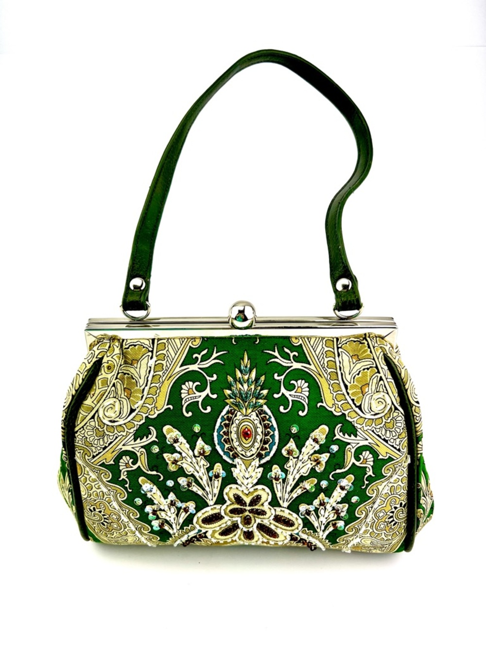 Vintage Style Embellished Green Brocade Evening Bag